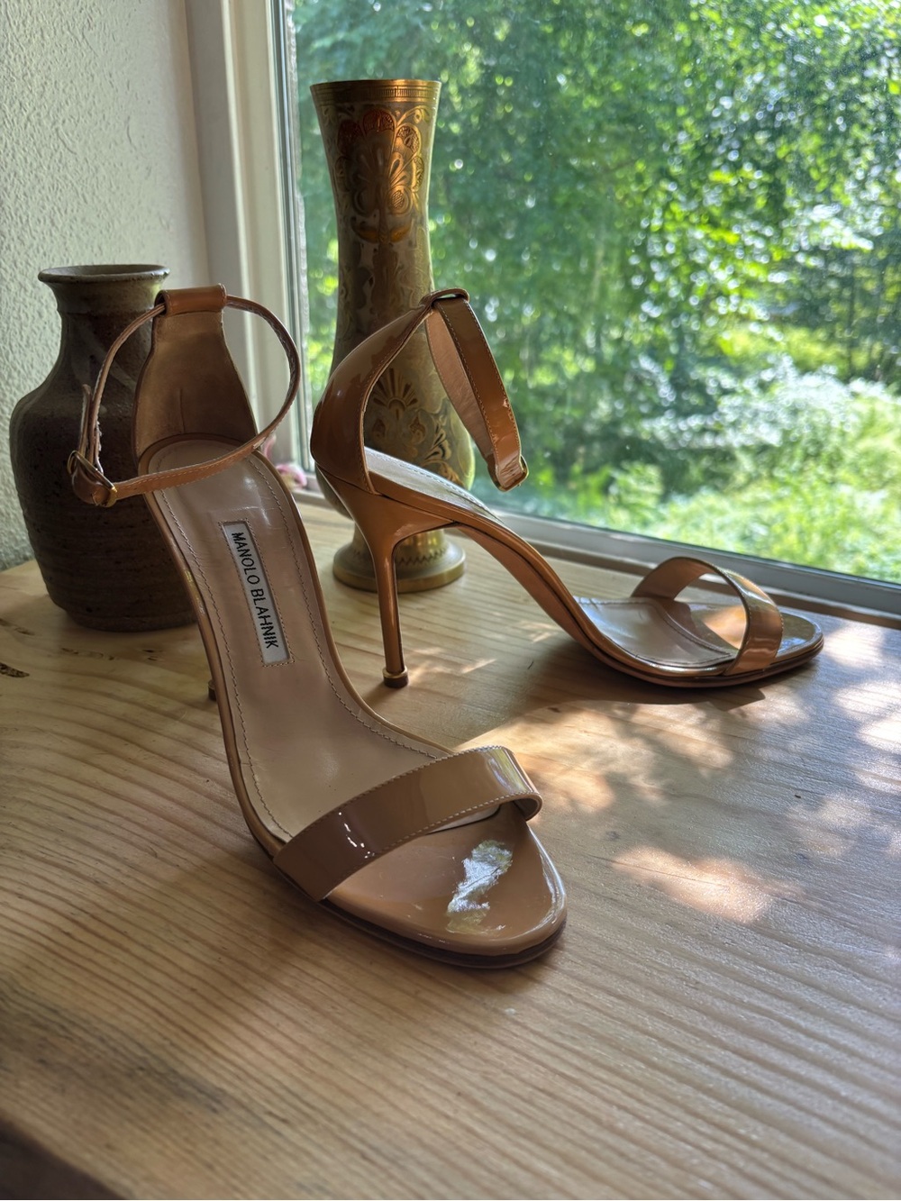 Manolo Blahnik Nude Patent Leather Ankle-Strap Heels